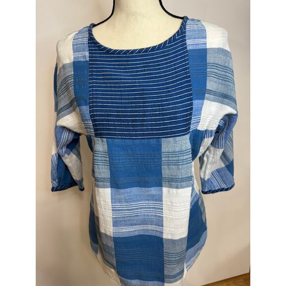 Ace & Jig Blue White Popham Blouse Plaid Top 3/4 Sleeve Size P/S - Picture 1 of 11